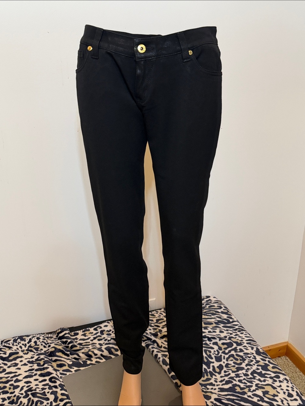 Stefano Black Slim Straight Pants with Gold Logo Plate